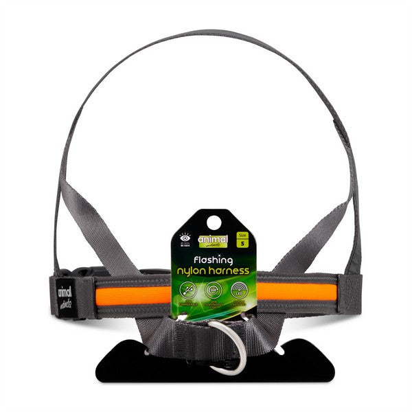 Animal Instincts Flashing Safety Dog Harness USB Rechargeable Full Shine Nylon Grey/Orange S 60cm