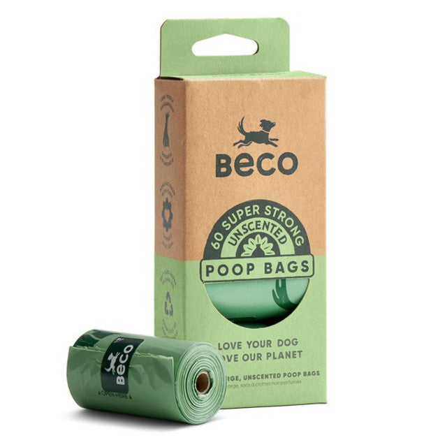 Beco Unscented Recycled Poop Bags with Handles Eco-Friendly Dog Waste Bags on a Roll, 60 Pack