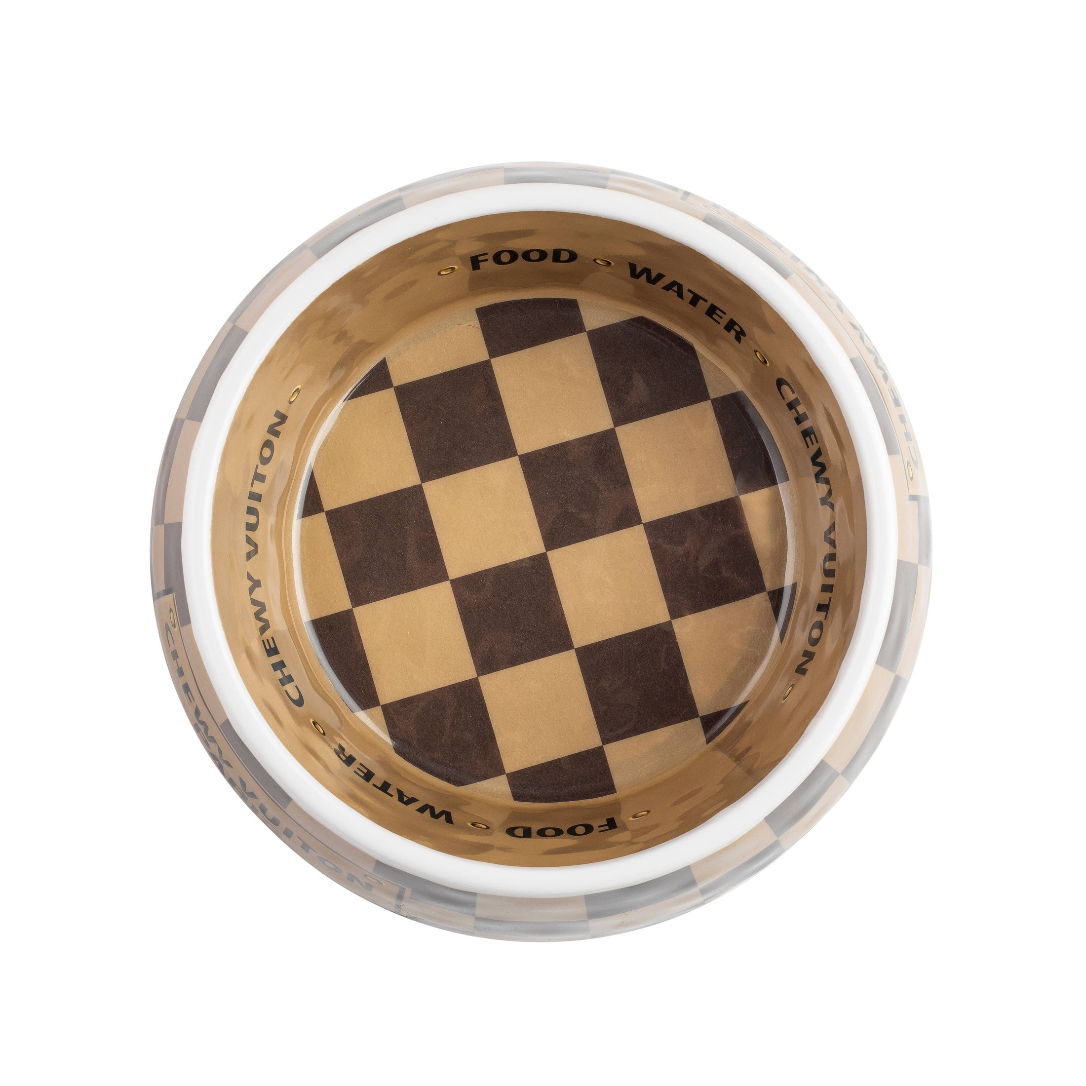 Tan Checker Chewy Vuiton Bowl - 3 Sizes!! Dog Bowls: Medium