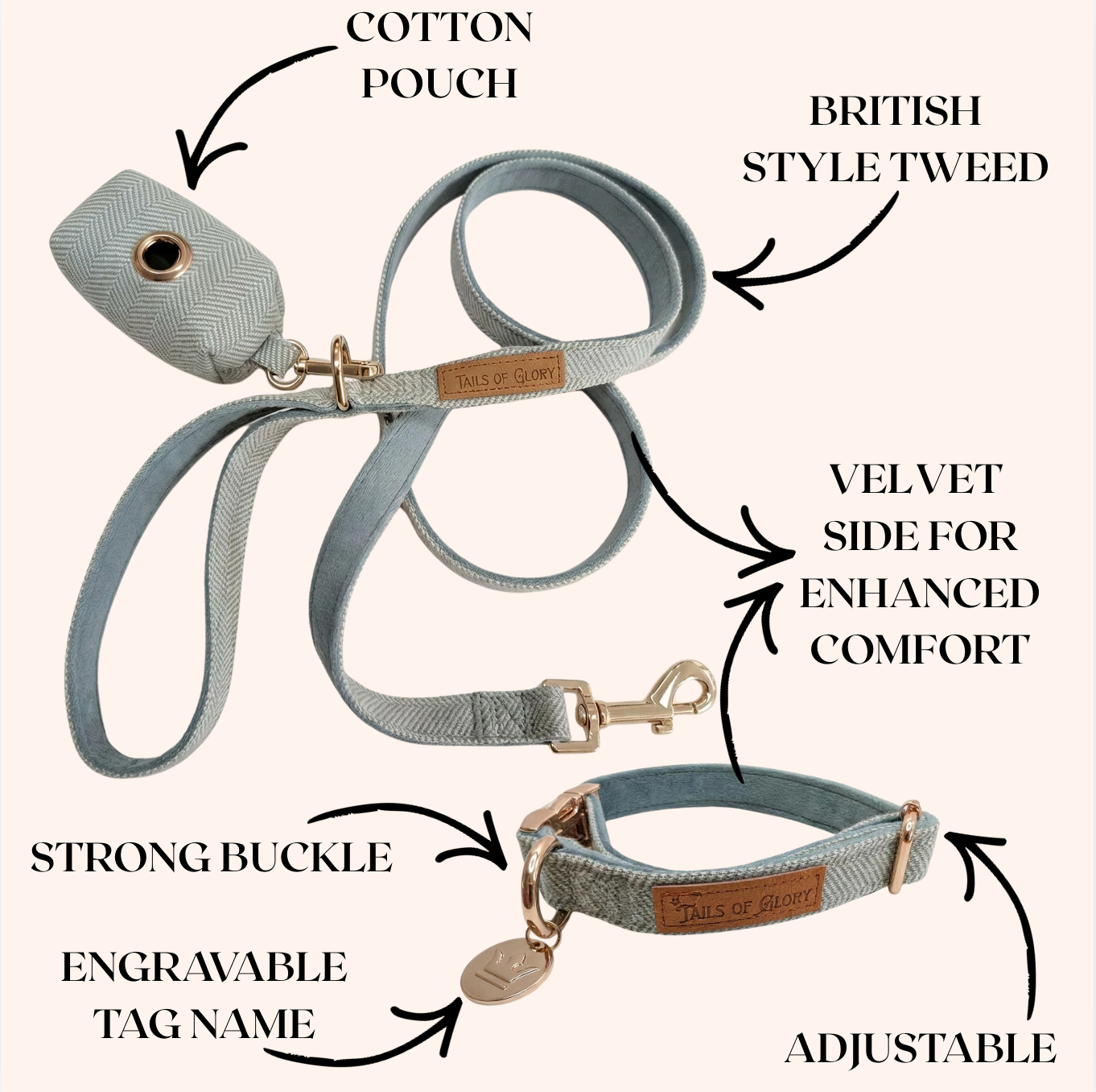 Dog Collar, Pouch and Lead Set - Blue Tweed & Velvet: No engraving / Medium