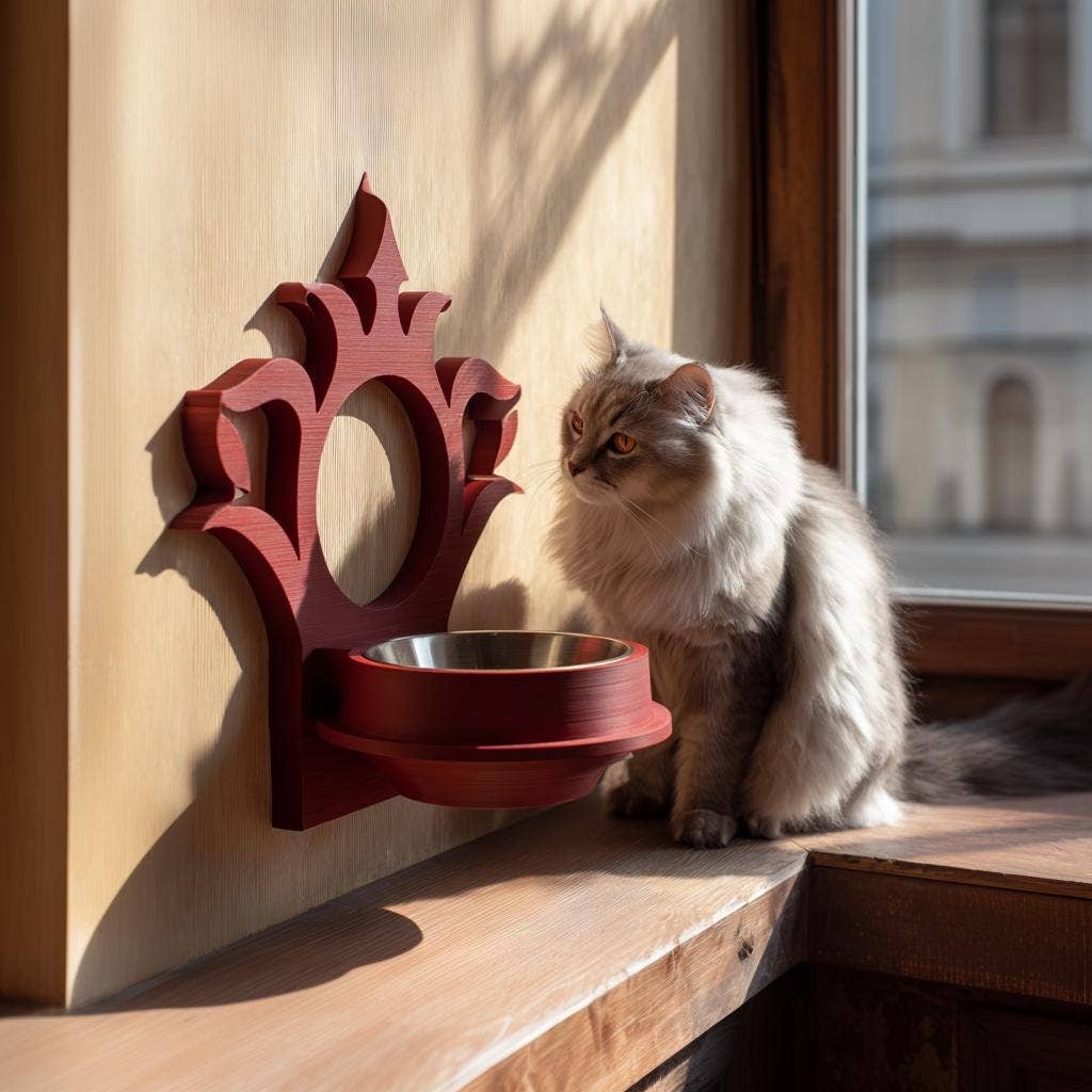 Gothic Wall Mounted Pet Bowl Holder | 3D Printed Raised Feeder Frame for Cat & Small Dog Bowls | Fantasy Home Decor Feeding Station: 6 inches (15 cm)