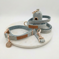 Load image into Gallery viewer, Dog Collar, Pouch and Lead Set - Blue Tweed & Velvet: No engraving / Medium
