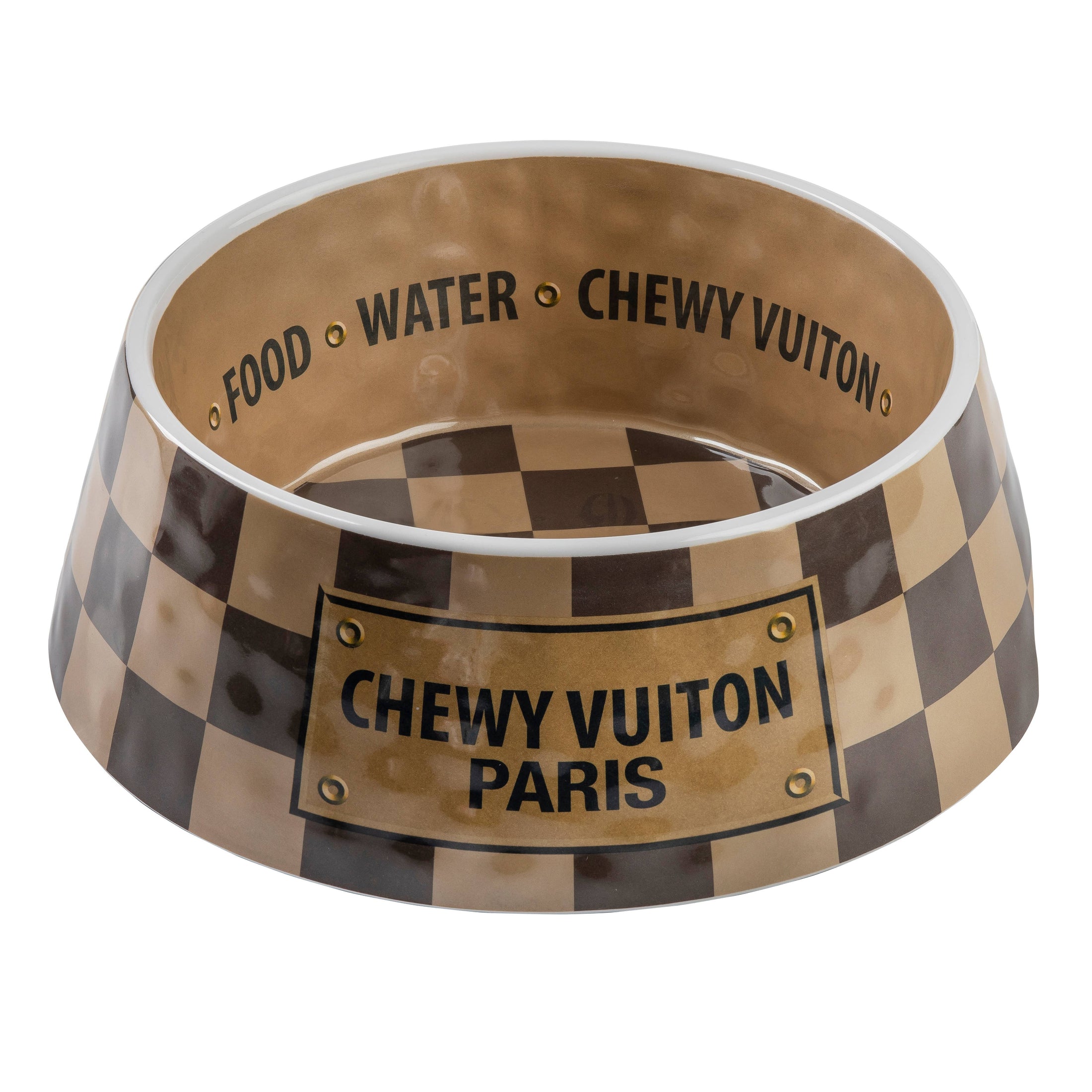 Tan Checker Chewy Vuiton Bowl - 3 Sizes!! Dog Bowls: Small