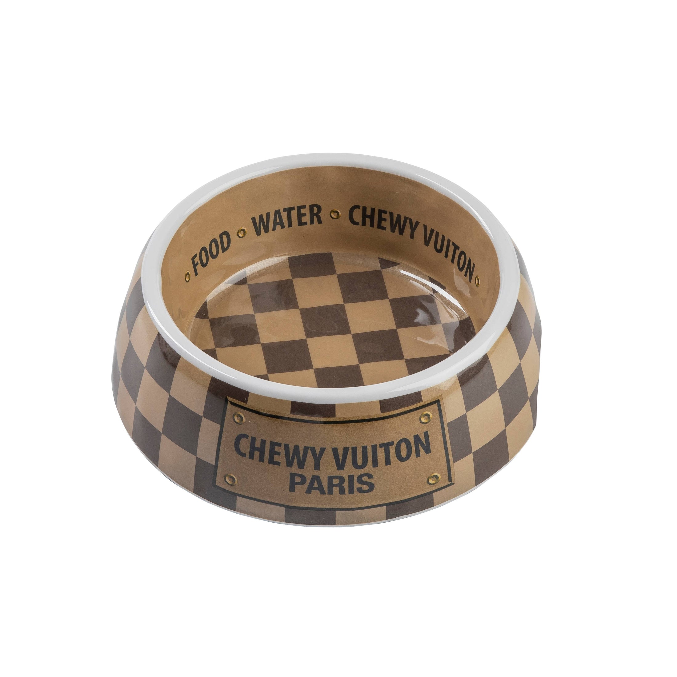 Tan Checker Chewy Vuiton Bowl - 3 Sizes!! Dog Bowls: Medium