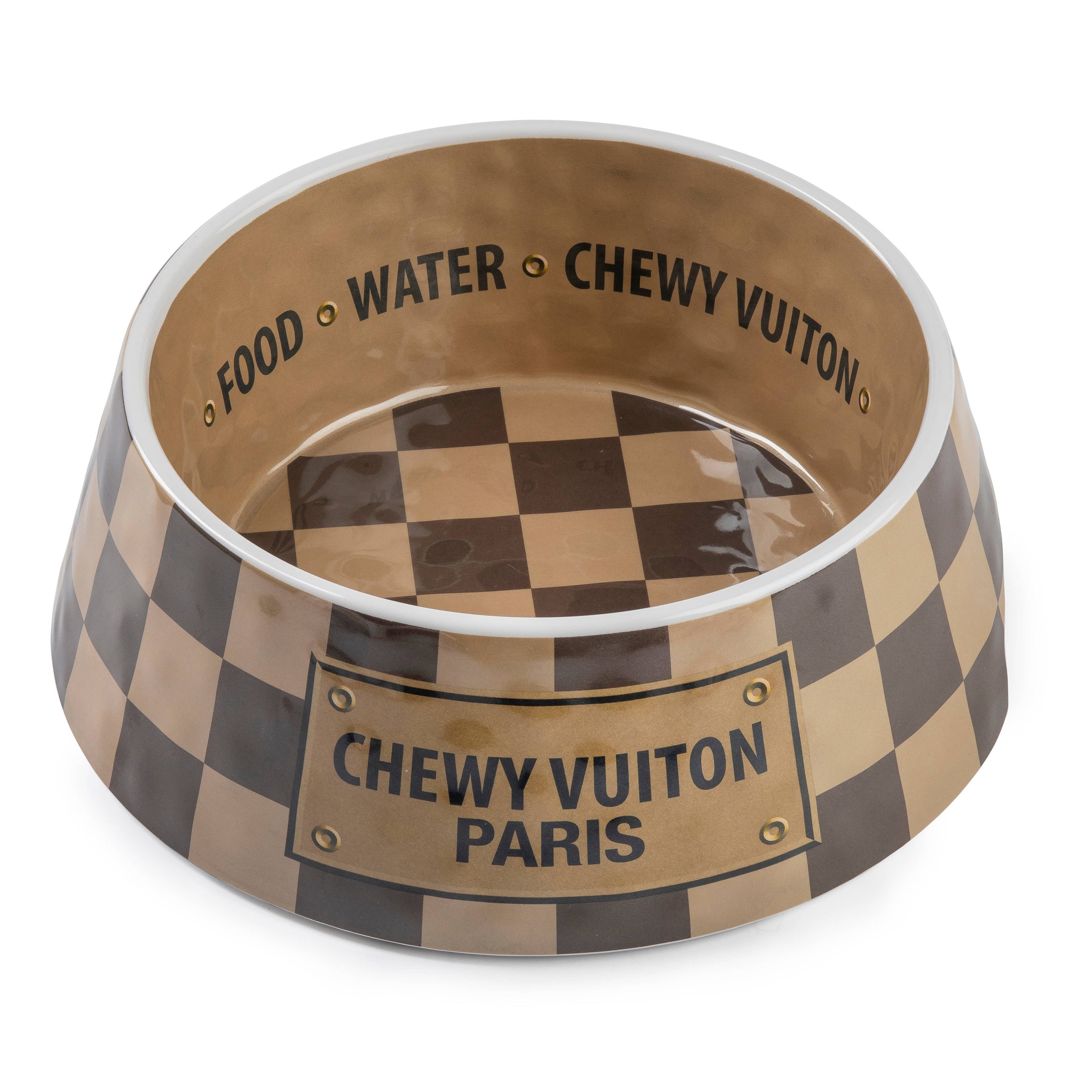 Tan Checker Chewy Vuiton Bowl - 3 Sizes!! Dog Bowls: Medium